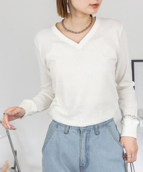 RCD(アールシーディー)の「ワッフルVネック長袖Tシャツ ロングスリーブカットソー(Tシャツ/カットソー・レディース・ネイビー/ホワイト/杢グレー/ブラック/カーキ・M/L/LL/3L/4L)」の21枚目の写真