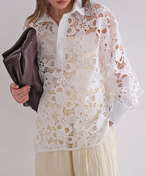 AKTE(アクテ)の「レースラガーシャツ(シャツ/ブラウス・レディース・ホワイト・FREE)」の1枚目の写真