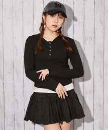 《ヘンリーネック×フード付き》レイヤードカットソー/春秋/全3色