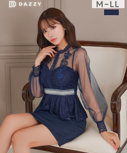 DAZZY(デイジー)の「パールビジューペプラムシアー長袖タイトミニ丈キャバドレス(ドレス・レディース・ネイビー・LL/L/M)」の3枚目の写真