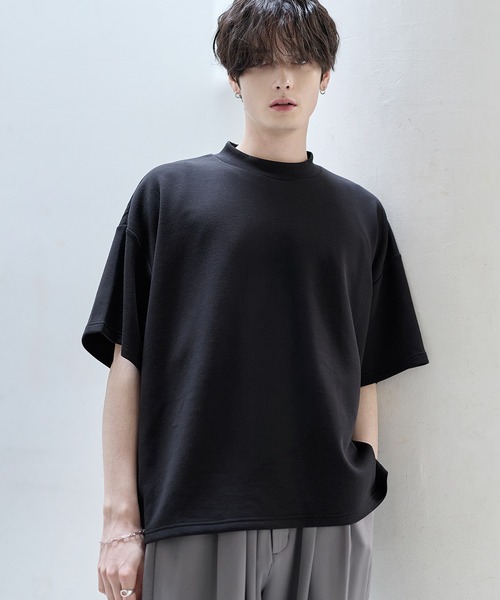 TANGRAM 半袖　モックネック　ブラック　黒 防シワ/抗ピリング ポンチモックネック半袖カットソー（Tシャツ