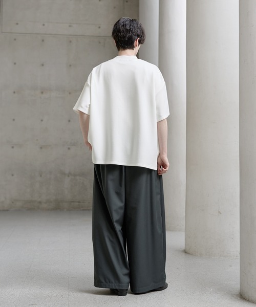 カットソー(半袖/袖なし) bone line bicolor tops 防シワ/抗ピリング ポンチモックネック半袖カットソー（Tシャツ