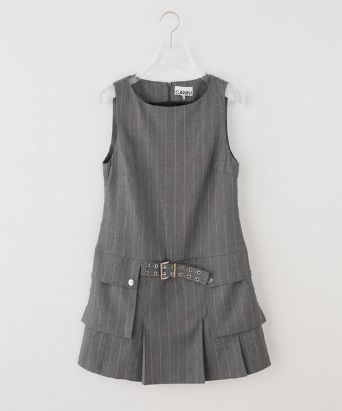 GANNI(ガニー)の「GANNI / ガニー Wool Stripe Belted Mini Dress(ドレス・レディース・チャコールグレー・34/36)」の1枚目の写真
