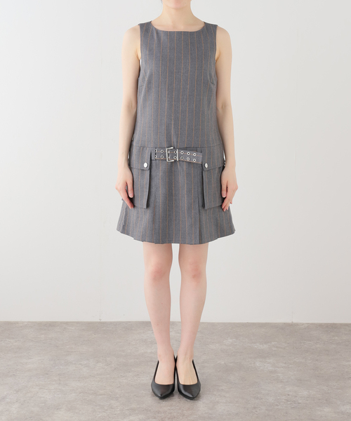 GANNI(ガニー)の「GANNI / ガニー Wool Stripe Belted Mini Dress(ドレス・レディース・チャコールグレー・34/36)」の4枚目の写真