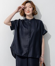 リネンライクグロッシー バンドカラー ブラウス