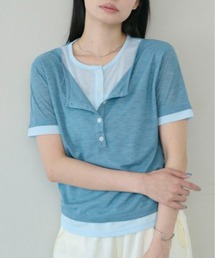 フェイクレイヤードシアーヘンリーネック半袖Tシャツ