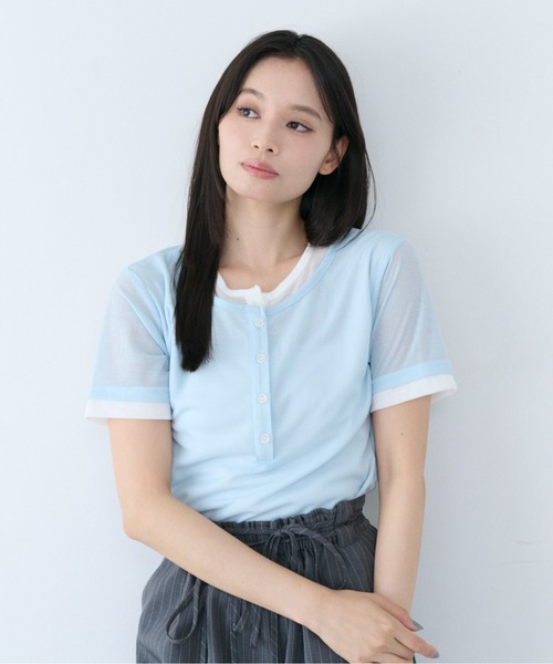 SOYEN(ソイエン)の「フェイクレイヤードシアーヘンリーネック半袖Tシャツ(Tシャツ/カットソー・レディース・ライトブルー/オフホワイト/ブルー・F)」の15枚目の写真