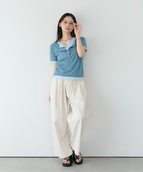 SOYEN(ソイエン)の「フェイクレイヤードシアーヘンリーネック半袖Tシャツ(Tシャツ/カットソー・レディース・ライトブルー/オフホワイト/ブルー・F)」の18枚目の写真