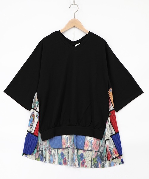 ScoLar（スカラー）の「162612：アートコラージュ柄プリーツ切替 接触冷感プルオーバー（Tシャツ/カットソー・レディース・オフホワイト/ブラック・M）」の14枚目の写真