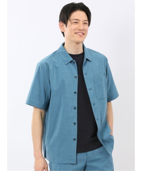TAKA-Q（タカキュー）の「【接触冷感 吸水速乾 ストレッチ UVカット イージーケア】タカキュー テックリネン レギュラーカラー 半袖 シャツ(セットアップ可能)（シャツ/ブラウス・メンズ・グレー系その他2/ブルー・LARGE/X-LARGE/MEDIUM）」の2枚目の写真