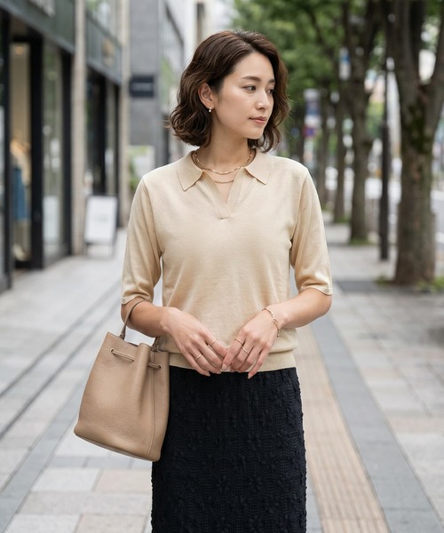 STYLE DELI(スタイルデリ)の「薄手シャリ感スキッパーニットトップス(Tシャツ/カットソー・レディース・ホワイト/ベージュ/ブラック/ブルー・FREE)」の3枚目の写真