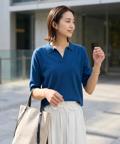 STYLE DELI(スタイルデリ)の「薄手シャリ感スキッパーニットトップス(Tシャツ/カットソー・レディース・ホワイト/ベージュ/ブラック/ブルー・FREE)」の4枚目の写真