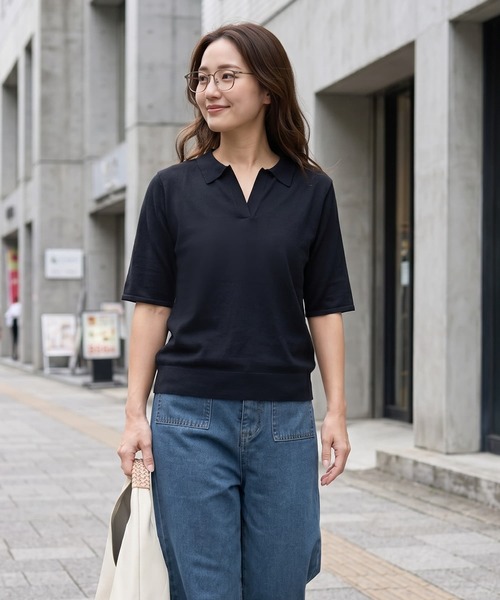STYLE DELI(スタイルデリ)の「薄手シャリ感スキッパーニットトップス(Tシャツ/カットソー・レディース・ホワイト/ベージュ/ブラック/ブルー・FREE)」の2枚目の写真