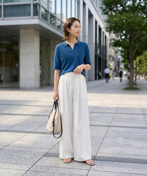 STYLE DELI(スタイルデリ)の「薄手シャリ感スキッパーニットトップス(Tシャツ/カットソー・レディース・ホワイト/ベージュ/ブラック/ブルー・FREE)」の5枚目の写真