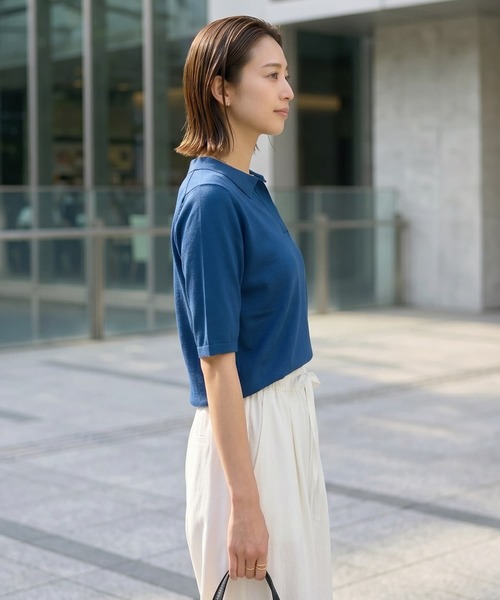 STYLE DELI(スタイルデリ)の「薄手シャリ感スキッパーニットトップス(Tシャツ/カットソー・レディース・ホワイト/ベージュ/ブラック/ブルー・FREE)」の6枚目の写真