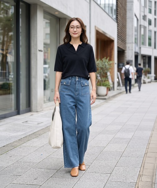 STYLE DELI(スタイルデリ)の「薄手シャリ感スキッパーニットトップス(Tシャツ/カットソー・レディース・ホワイト/ベージュ/ブラック/ブルー・FREE)」の18枚目の写真