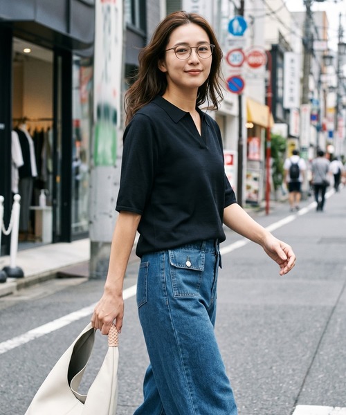 STYLE DELI(スタイルデリ)の「薄手シャリ感スキッパーニットトップス(Tシャツ/カットソー・レディース・ホワイト/ベージュ/ブラック/ブルー・FREE)」の21枚目の写真