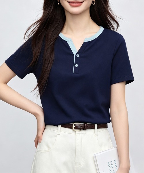 ONEP STAR(ワンピスター)の「配色ネック前ボタントップス(Tシャツ/カットソー・レディース・ネイビー・MEDIUM/LARGE/X-LARGE)」の3枚目の写真