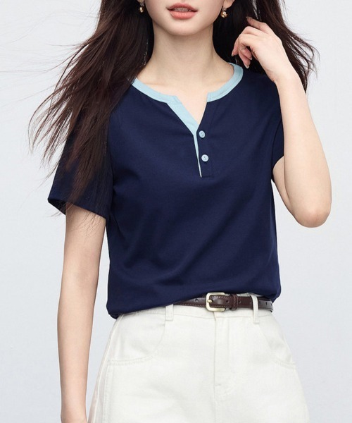 ONEP STAR(ワンピスター)の「配色ネック前ボタントップス(Tシャツ/カットソー・レディース・ネイビー・MEDIUM/LARGE/X-LARGE)」の4枚目の写真