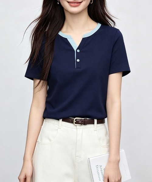 ONEP STAR(ワンピスター)の「配色ネック前ボタントップス(Tシャツ/カットソー・レディース・ネイビー・MEDIUM/LARGE/X-LARGE)」の5枚目の写真