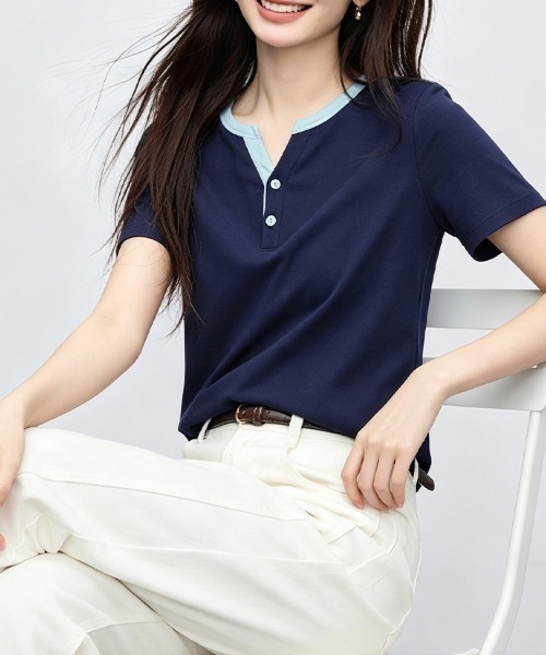 ONEP STAR(ワンピスター)の「配色ネック前ボタントップス(Tシャツ/カットソー・レディース・ネイビー・MEDIUM/LARGE/X-LARGE)」の6枚目の写真