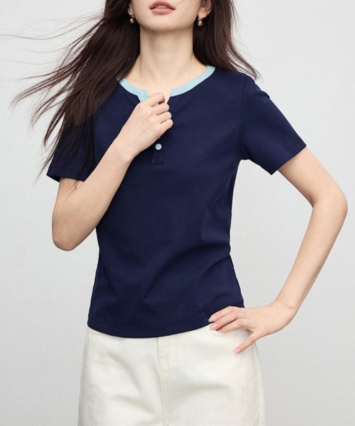 ONEP STAR(ワンピスター)の「配色ネック前ボタントップス(Tシャツ/カットソー・レディース・ネイビー・MEDIUM/LARGE/X-LARGE)」の7枚目の写真