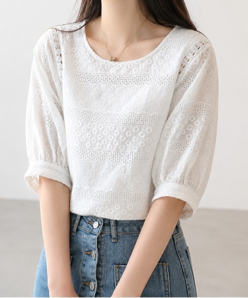 セール】【夏用キレイめ】コットンレース半袖ブラウストップス（T