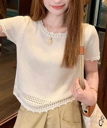 アイレットレース ショート丈 スリム サマーニット 半袖Tシャツ