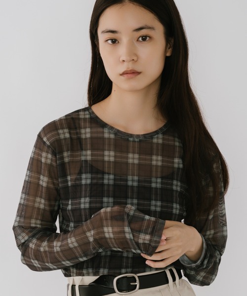duei(デュイ)の「チェックシアークルーネックトップス(Tシャツ/カットソー・レディース・アイボリー/ブラウン・FREE)」の2枚目の写真