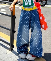 ドット総柄ウォッシュドルーズワイドデニムパンツ