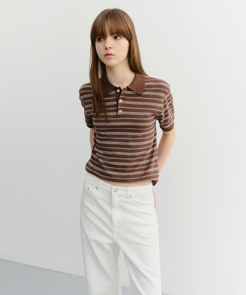 DUNST(ダンスト)の「UNISEX STRIPED POLO KNIT_UDSW6B127_BROWN / MINT(ニット/セーター・レディース・ブラウン・MEDIUM/LARGE/SMALL/X-SMALL/X-LARGE)」の1枚目の写真