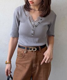 レースVネック5分袖リブニット