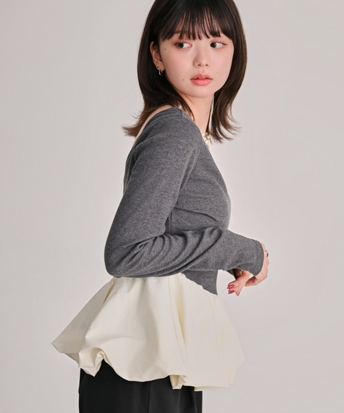 DAESE TOKYO(デセトウキョウ)の「カットリブ2WAYバルーンプルオーバー(Tシャツ/カットソー・レディース・アイボリー/チャコールグレー・FREE)」の2枚目の写真