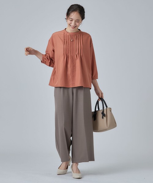 SHOO・LA・RUE(シューラルー)の「【S-LL/洗濯機可】1枚で華やかに フロントレース7分袖ブラウス(シャツ/ブラウス・レディース・ブラウン系その他/ライトベージュ/オレンジ・04/03/02/01)」の8枚目の写真