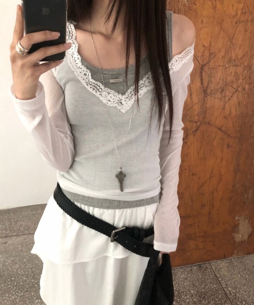 gossip!ロサンゼルス(ゴシップロサンゼルス)の「【Y2Kガーリー】 レースディテールスリムフィットニット(Tシャツ/カットソー・レディース・ブラック/ブルー/ホワイト/グレー・M)」の8枚目の写真