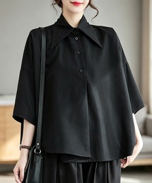 ビッグカラーアシンメトリー半袖シャツブラウス