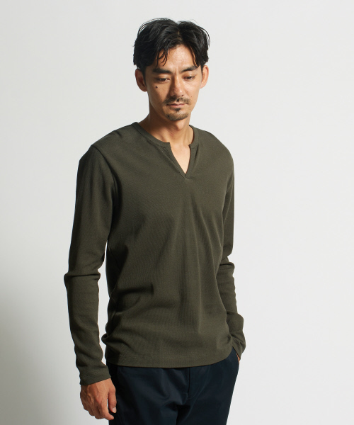 DESIGNWORKS(デザインワークス)の「60/2ベアワッフル ヘンリー(Tシャツ/カットソー・メンズ・ホワイト/ブラック/カーキ・S/M/L)」の2枚目の写真