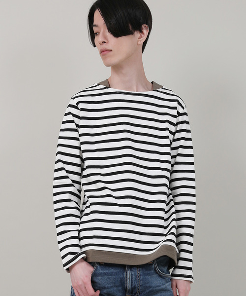 Audience(オーディエンス)の「【Upscape Audience】日本製/国産BSQボーダー度詰天竺ボートネックレイヤードカットソー(Tシャツ/カットソー・メンズ・ブラック×ホワイト/ホワイト/トップグレー/ネイビー/ホワイト×ネイビー/ブルー系その他/ブラック/カーキ/キナリ/ホワイト×ブルー/キャメル/サックスブルー/ターメリック/グレー×ホワイト/ホワイト×ブラック/ブラック系その他・M/L/XL)」の3枚目の写真