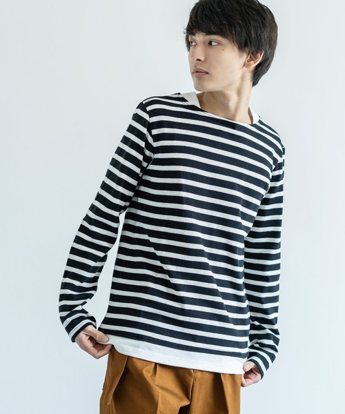 Audience(オーディエンス)の「【Upscape Audience】日本製/国産BSQボーダー度詰天竺ボートネックレイヤードカットソー(Tシャツ/カットソー・メンズ・ブラック×ホワイト/ホワイト/トップグレー/ネイビー/ホワイト×ネイビー/ブルー系その他/ブラック/カーキ/キナリ/ホワイト×ブルー/キャメル/サックスブルー/ターメリック/グレー×ホワイト/ホワイト×ブラック/ブラック系その他・M/L/XL)」の7枚目の写真