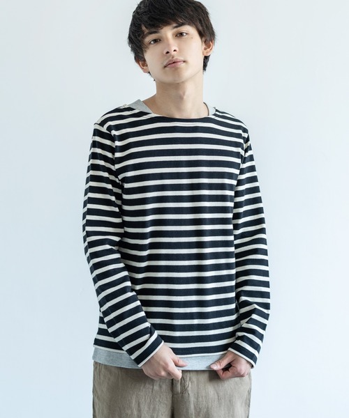 Audience(オーディエンス)の「【Upscape Audience】日本製/国産BSQボーダー度詰天竺ボートネックレイヤードカットソー(Tシャツ/カットソー・メンズ・ブラック×ホワイト/ホワイト/トップグレー/ネイビー/ホワイト×ネイビー/ブルー系その他/ブラック/カーキ/キナリ/ホワイト×ブルー/キャメル/サックスブルー/ターメリック/グレー×ホワイト/ホワイト×ブラック/ブラック系その他・M/L/XL)」の8枚目の写真