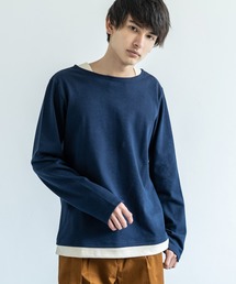【Upscape Audience】日本製/国産BSQボーダー度詰天竺ボートネックレイヤードカットソー