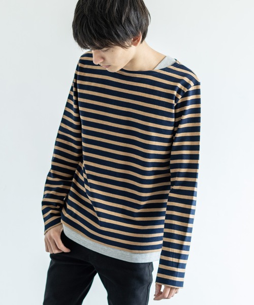 Audience(オーディエンス)の「【Upscape Audience】日本製/国産BSQボーダー度詰天竺ボートネックレイヤードカットソー(Tシャツ/カットソー・メンズ・ブラック×ホワイト/ホワイト/トップグレー/ネイビー/ホワイト×ネイビー/ブルー系その他/ブラック/カーキ/キナリ/ホワイト×ブルー/キャメル/サックスブルー/ターメリック/グレー×ホワイト/ホワイト×ブラック/ブラック系その他・M/L/XL)」の15枚目の写真