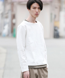 【Upscape Audience】日本製/国産BSQボーダー度詰天竺ボートネックレイヤードカットソー