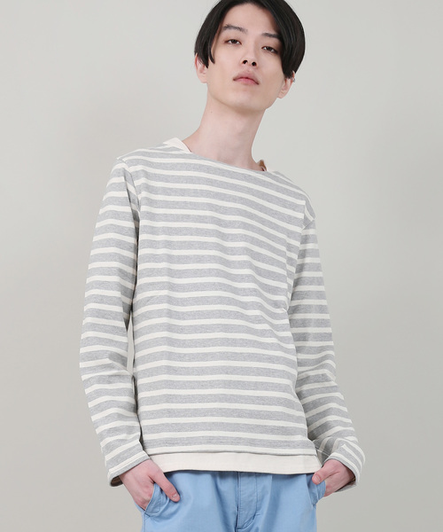 Audience(オーディエンス)の「【Upscape Audience】日本製/国産BSQボーダー度詰天竺ボートネックレイヤードカットソー(Tシャツ/カットソー・メンズ・ブラック×ホワイト/ホワイト/トップグレー/ネイビー/ホワイト×ネイビー/ブルー系その他/ブラック/カーキ/キナリ/ホワイト×ブルー/キャメル/サックスブルー/ターメリック/グレー×ホワイト/ホワイト×ブラック/ブラック系その他・M/L/XL)」の10枚目の写真