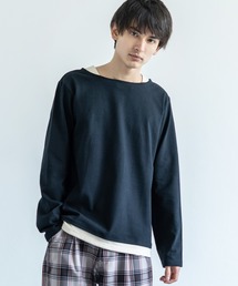 【Upscape Audience】日本製/国産BSQボーダー度詰天竺ボートネックレイヤードカットソー