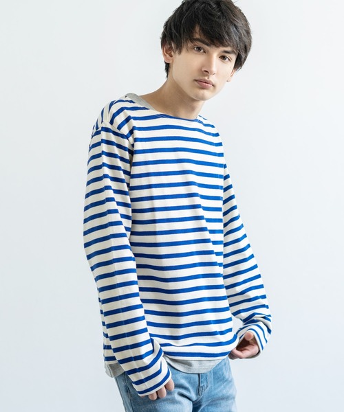 Audience(オーディエンス)の「【Upscape Audience】日本製/国産BSQボーダー度詰天竺ボートネックレイヤードカットソー(Tシャツ/カットソー・メンズ・ブラック×ホワイト/ホワイト/トップグレー/ネイビー/ホワイト×ネイビー/ブルー系その他/ブラック/カーキ/キナリ/ホワイト×ブルー/キャメル/サックスブルー/ターメリック/グレー×ホワイト/ホワイト×ブラック/ブラック系その他・M/L/XL)」の17枚目の写真