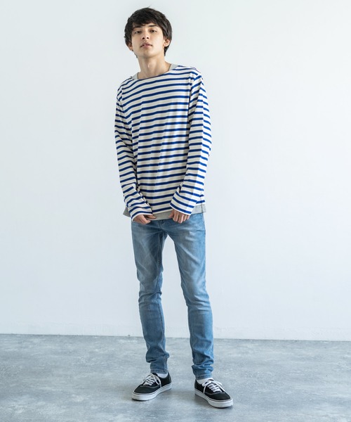 Audience(オーディエンス)の「【Upscape Audience】日本製/国産BSQボーダー度詰天竺ボートネックレイヤードカットソー(Tシャツ/カットソー・メンズ・ブラック×ホワイト/ホワイト/トップグレー/ネイビー/ホワイト×ネイビー/ブルー系その他/ブラック/カーキ/キナリ/ホワイト×ブルー/キャメル/サックスブルー/ターメリック/グレー×ホワイト/ホワイト×ブラック/ブラック系その他・M/L/XL)」の18枚目の写真