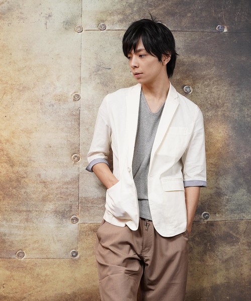 おしゃれスタ（オシャレスタ）の「コットンリネンストレッチ七分袖テーラードジャケット(IR) レディース メンズ（テーラードジャケット・メンズ・ブラック/ネイビー/カーキ/キナリ/ベージュ・M/L/XL）」の2枚目の写真