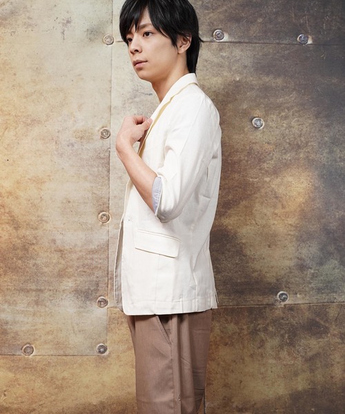 おしゃれスタ（オシャレスタ）の「コットンリネンストレッチ七分袖テーラードジャケット(IR) レディース メンズ（テーラードジャケット・メンズ・ブラック/ネイビー/カーキ/キナリ/ベージュ・M/L/XL）」の6枚目の写真