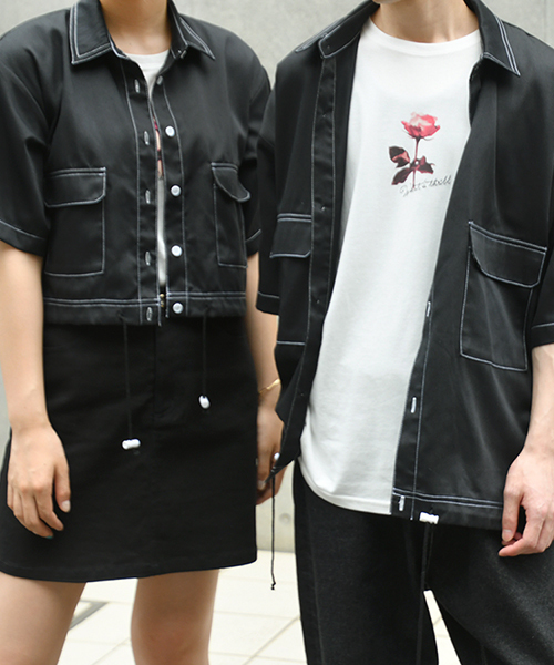 PairPair（ペアペア）の「配色ステッチポケット付きドロストシャツ（シャツ/ブラウス・レディース・ブラック/ベージュ・FREE）」の2枚目の写真